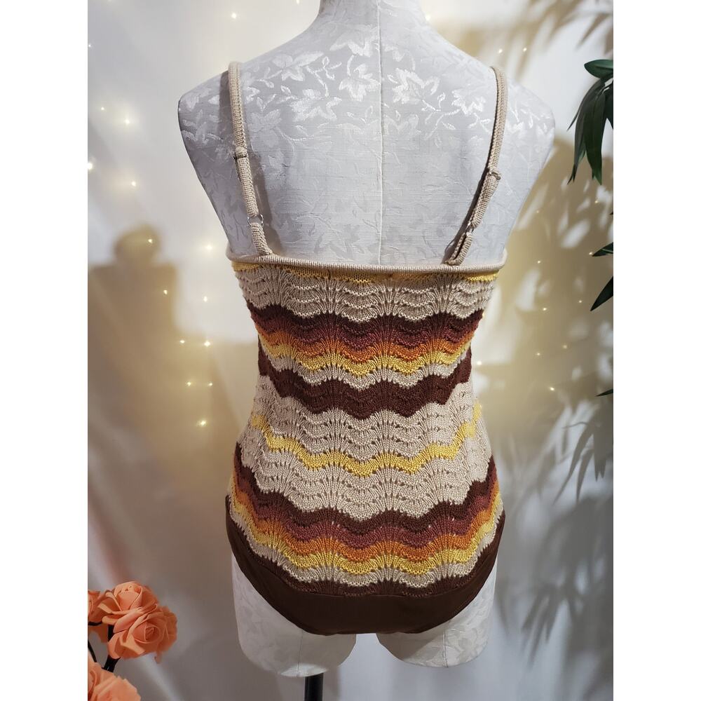 Vtg New Look Y2K Crochet Knit Zig Zag Lace Up Tank Bodysuit Size L Boho Festival - Picture 3 of 12